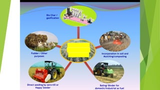 Incorporation in soil and
Mulching/composting
Baling/ Binder for
domestic/industrial as fuel
Direct seeding by zero-till or
Happy Seeder
Fodder / Other
purposes
Bio Char /
gasification
 