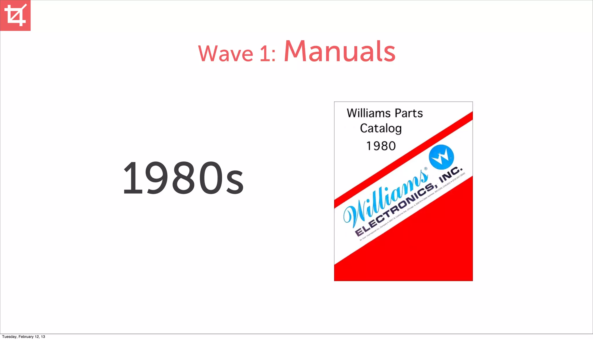 Wave 1: Manuals




                           1980s


Tuesday, February 12, 13
 