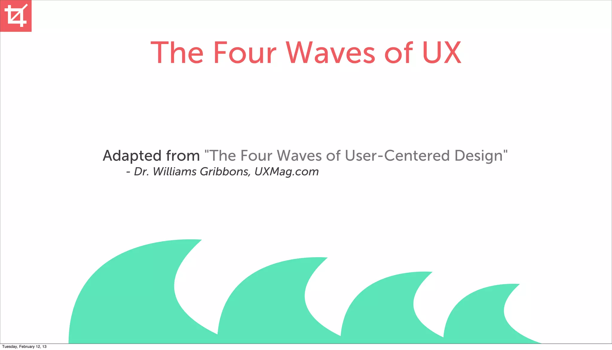 The Four Waves of UX


                           Adapted from "The Four Waves of User-Centered Design"
                             - Dr. Williams Gribbons, UXMag.com




Tuesday, February 12, 13
 