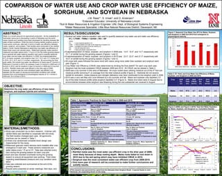 COMPARISON OF WATER USE AND CROP WATER USE EFFICIENCY OF MAIZE,
                SORGHUM, AND SOYBEAN IN NEBRASKA
                                                                                                      J.M. Rees*1, S. Irmak2, and D. Andersen3.
                                                                                                 1Extension Educator, University of Nebraska-Lincoln
                                                                              2Soil & Water Resources & Irrigation Engineer, UNL Dept. of Biological Systems Engineering
                                                                                   3Water Resources Specialist, Little Blue Natural Resources District, Davenport, NE


                                                                                                                                                                                                                               Figure 1. Seasonal Crop Water Use (ET) for Maize, Soybean,
ABSTRACT:                                                                         RESULTS/DISCUSSION:                                                                                                                          and Sorghum in 2009 and 2010 from emergence to
Water is a crucial resource for agricultural production. As the availability of   General soil water balance equation was used to quantify seasonal crop water use and water use efficiency:                                  physiological maturity
freshwater resources is decreasing in parts of Nebraska and the world,                ETc = (TSWi - TSWe) + rainfall – RO – DP                                                                                                                                                            26
newer hybrids and varieties have been developed for handling stresses like                                                                                                                                                                                                                24
                                                                                       where:
water-limited conditions. While the trend of losing rainfed sorghum acres to           ETc      = crop evapotranspiration (in)                                                                                                                                                            22
maize acres continues, data lack in terms of water use efficiency between              TSWi     = initial available soil water at the beginning of season (in)                                                                                                                            20
maize, sorghum, and soybean. Field studies were conducted in two rainfed               TSWe     = available soil water at the full maturity (in)                                                                                                                                                     14.5”              23.3”         14.0”               22.0”            13.7”          21.3”
                                                                                                                                                                                                                                                                                          18




                                                                                                                                                                                                                                                                  Crop water use (in)
fields in South Central Nebraska to determine crop water use efficiency of             RO       = Runoff (assumed zero)
                                                                                                                                                                                                                                                                                          16
these three crops over several years. Watermark granular matrix sensors                DP       = Deep percolation (assumed zero)
                                                                                                                                                                                                                                                                                          14
measured soil water status every 1 ft up to 4 ft for the entire growing season    Evapotranspiration of maize, soybean, and sorghum in 2009 was: 14.5”, 14.0”, and 13.7” respectively with                                                                                               12
and a general soil water balance equation was used to quantify seasonal            10.1” of rainfall during the growing season (Figures 1 and 2).                                                                                                                                         10
crop water use and water use efficiency. In 2009, the evapotranspiration          Evapotranspiration of maize, soybean, and sorghum in 2010 was: 23.3”, 22.0”, and 21.3” respectively with                                                                                                   8
(ET) of maize, soybean, and sorghum was 14.5, 14.0, and 13.7 inches and            16.4” of rainfall during the growing season (Figures 1 and 3).                                                                                                                                             6
in 2010, 23.3, 22.0, and 21.3 inches, respectively. By accounting the final
                                                                                  All crops both years followed the same trend with maize using more water than soybean and sorghum each                                                                                                     4
grain yields, the overall crop water use efficiency of maize was 6.7 bu/inch in                                                                                                                                                                                                               2
2009 and 4.3 bu/inch in 2010; for soybean it was 2.4 bu/inch in 2009 and 2.0       year (Figure 1).
                                                                                                                                                                                                                                                                                              0
bu/inch in 2010; and for sorghum it was 5.6 bu/inch in 2009 and 5.5 bu/inch       Crop Water Use Efficiency (CWUE) was determined by dividing the final yield/ET for each crop each year.                                                                                                        Maize 2009 Maize 2010              Soy 2009          Soy 2010        Sorg 2009       Sorg 2010
in 2010. Rainfed maize was most efficient in the drier year of 2009.               Sorghum had the most consistent CWUE between 2009 and 2010. All CWUE can be viewed in Table 2.
However, sorghum was the most consistent water use-efficient crop                 2009 was a dry summer in this area of Nebraska. All crops rooted down utilizing moisture out of the 4 th foot soil
between the two years of varying environmental conditions with rainfall            moisture profile removing 5” on average from the total moisture profile (Figure 2). Herbicide did not receive
received from crop emergence to physiological maturity of 10.1 inches in                                                                                                                                                       Table 2. ET, Yield, and Crop Water Use Efficiency of Maize,
                                                                                   rainfall for activation. Grass pressure and nitrogen deficiency may have contributed to low sorghum yield in 2009.                          Soybean, and Sorghum in 2009 and 2010.
2009 and 16.4 inches in 2010.
                                                                                  2010 was a very wet May and June followed by a dry summer and fall. Maize and soybean only depleted 2.5”
                                                                                   out of the total moisture profile while sorghum depleted 3.0” (Figure 3). Maize shut down early in August due to                                                                              Crop                       2009          2009         2009             2010         2010               2010
                                                                                   environmental stresses while sorghum was flowering during the one substantial rain received in August.                                                                                                                    Etc          Yield       CWUE               Etc         Yield             CWUE
                                                                                                                                                                                                                                                                                                             (in)         (bu)        (bu/in)            (in)       (bu/ac)            (bu/in)
 OBJECTIVE:
 Determine the crop water use efficiency of new maize,
 sorghum, and soybean hybrids and varieties.                                                                                                                                                                                                                                Maize                           14.5           97.5             6.7         23.3            101.2             4.3


                                                                                                                                                                                                                                                       Soybean                                               14            33.4             2.4         22.0            44.0              2.0

                                                                                          Table 1. Agronomic Practices for Each Field Site in 2009 and 2010.                                                                                     Sorghum                                                    13.7           77.4             5.6         21.3            118.0             5.5
                                                                                          Practice Performed                Lawrence, NE 2009                                   Lawrence, NE 2010
                                                                                          Planting Date and Rate            May 7 at 20,000 seeds/acre                          May 7 at 20,000 seeds/acre
                                                                                          Maize Hybrid                      Pioneer 33T57                                       Pioneer 33T57                                  Figure 2 (2009) and Figure 3 (2010) Total Soil Water Depletion
                                                                                          Planting Date and Rate            May 8 at 135,000 seeds/acre                         May 7 at 135,000 seeds/acre                    for Maize, Soybean, and Sorghum vs. Cumulative Rainfall.
                                                                                          Soybean Variety                   Pioneer 92M61                                       Pioneer 92M61
                                                                                          Planting Date and Rate            May 19 at 65,000 seeds/acre                         May 28 at 65,000 seeds/acre                                                                      12.0                                                                                                       12
                                                                                          Sorghum Variety                   Pioneer 85Y40                                       Pioneer 85Y40
                                                                                                                                                                                                                                                                                 11.0




                                                                                                                                                                                                                                   Total soil water in the top 4 ft (in)
                                                                                          Row Spacing and No. Rows 12 rows, 30” spacing                                         12 rows, 30” spacing
                                                                                                                                                                                                                                                                                 10.0                                                                                                       10
                                                                                          Previous Crop                     Sorghum                                             Sorghum                                                                                                             Rainfall (in.)
                                                                                                                                                                                                                                                                                        9.0




                                                                                                                                                                                                                                                                                                                                                                                                  Cumulative Rainfall (in.)
                                                                                          Tillage Practice                  No-till                                             No-till
                                                                                                                                                                                                                                                                                        8.0         Maize                                                                                   8
                                                                                          Fertilizer                        Dry blend 90-40-0 as per soil test for 100 bu/ac    100 lbs urea + Nserve as per soil test for                                                              7.0
                                                                                                                            sorghum                                             100 bu/ac sorghum                                                                                                   Soybean
                                                                                                                                                                                                                                                                                        6.0                                                                                                 6
                                                                                          Soil Moisture Equipment           May 22: Maize and Soybean                           May 18: Maize and Soybean                                                                                           Sorghum
 MATERIALS/METHODS:                                                                       Installation                      June 12: Sorghum                                    June 4: Sorghum                                                                                         5.0
                                                                                                                                                                                                                                                                                                    Cumulative
                                                                                                                                                                                                                                                                                        4.0                                                                                                 4
 Study was conducted via on-farm research. A farmer with                                 Herbicide                         *Pre-plant application of Dual II Magnum and        *Pre-plant Glyphosate burndown.                                                                                     Rainfall (in)
                                                                                                                             Glyphosate over entire plot.                       *Split Lumax application to sorghum pre-                                                                3.0
  rainfed fields was identified to cooperate with this study.                                                               *Glyphosate application to maize and soybean.        plant and at planting.                                                                                 2.0                                                                                                 2
  The field location changed each year. All agronomic                                                                       *Rescue treatment of Paramount and Atrazine for     *One post application of Glyphosate to maize                                                            1.0
  practices can be viewed in Table 1.                                                                                        grass control in sorghum.                           and soybean.
                                                                                                                                                                                                                                                                                        0.0                                                                                                 0
                                                                                                                            *2nd Glyphosate application to maize and soybean.                                                                                                                                                                Date
 A three crop randomized complete block design was                                       Full Maturity Date                Soybean: September 15          Maize: October 5     Soybean: August 30 Maize: September 12
                                                                                                                                                                                                                                                                                        21-May-09       15-Jun-09        10-Jul-09    4-Aug-09         29-Aug-09    23-Sep-09        18-Oct-09

  implemented for this study.                                                                                               Sorghum: October 6                                  Sorghum: October 4                                                          12.0                                                                                                                             18

 Watermark granular matrix sensors were installed after crop                                                                                                                                                                                                                                                                                                                                16
                                                                                                                                                                                                                                                            10.0
  emergence in each plot. These sensors measured soil
  water status every 1 ft up to 4 ft. Data was collected every                            CONCLUSIONS:                                                                                                                                                                                                                                                                                       14




                                                                                                                                                                                                                               Total soil water (in/4 ft)
                                                                                          Rainfed maize was the most water use efficient crop in the drier year of 2009,




                                                                                                                                                                                                                                                                                                                                                                                                                          Cumulative rainfall (in)
                                                                                                                                                                                                                                                                           8.0                                                                                                               12
  hour during the growing season for each crop plot.
 Each plot was checked once/week during the growing                                       most likely because of deep rooting depth. Maize roots failed to root down in                                                                                                   6.0                                                                     Rain (in)
                                                                                                                                                                                                                                                                                                                                                                                             10

  season to ensure all equipment was working. Field notes                                  2010 due to the wet spring which may have inhibited CWUE in 2010.                                                                                                                                                                                       Maize tot. water (in)                     8

  regarding weed/disease pressure and crop condition were                                 Sorghum was the most consistent water-use efficient crop from 2009-2010.                                                                                                        4.0                                                                     Soybean tot. water (in)                   6
                                                                                                                                                                                                                                                                                                                                                   Sorghum tot. water (in)
  taken.                                                                                  One more year of research will be conducted to make further conclusions and                                                                                                                                                                                                                       4
                                                                                                                                                                                                                                                                                                                                                   Cum. Rainfall (in)
 Data was collected and summarized at the end of the                                      solidify results.
                                                                                                                                                                                                                                                                           2.0
                                                                                                                                                                                                                                                                                                                                                                                             2
  growing season.
 Results were presented at winter meetings, field days, and                                                                                                                                                                                                               0.0
                                                                                                                                                                                                                                                                           22-May-10                11-Jun-10        1-Jul-10   21-Jul-10    10-Aug-10     30-Aug-10     19-Sep-10
                                                                                                                                                                                                                                                                                                                                                                                             0
                                                                                                                                                                                                                                                                                                                                                                                       9-Oct-10
                                                                                          This research was sponsored by a grant from the Nebraska Grain Sorghum Board. A special thanks to John
  http://cropwatch.unl.edu.                                                               Dolnicek, the cooperating farmer on this study.                                                                                                                                                                                                   Date
 