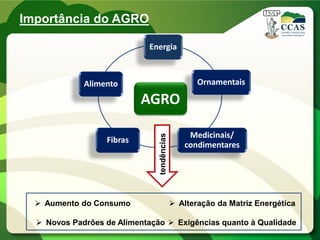 Importância do AGRO

                             Energia



             Alimento                              Ornamentais

                           AGRO

                                                Medicinais/


                               tendências
                  Fibras
                                               condimentares




   Aumento do Consumo                       Alteração da Matriz Energética

   Novos Padrões de Alimentação  Exigências quanto à Qualidade
 