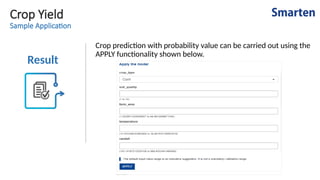 Crop Yield
Sample Application
Result
Crop prediction with probability value can be carried out using the
APPLY functionality shown below.
 