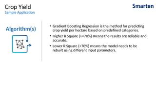 Crop Yield
Sample Application
Algorithm(s)
• Gradient Boosting Regression is the method for predicting
crop yield per hectare based on predefined categories.
• Higher R Square (>=70%) means the results are reliable and
accurate.
• Lower R Square (<70%) means the model needs to be
rebuilt using different input parameters.
 