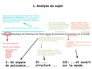 1. Analyse du sujet La façade atlantique de l'Amérique du Nord, espace de puissance et ouverture sur le monde Mais on peut utiliser des éléments d'autres leçon car il faut décloissoner les connaissances  ! Ainsi on se souviendra de l'étude de New-York dans le cours sur les métropoles acteurs de la mondialisation, De l'organisation spatiale des Etsts-Unis dans le 1er cours. 1. Analyse du sujet La façade atlantique de l'Amérique du Nord, espace de puissance et ouverture sur le monde Le début du sujet définit précisément la leçon concernée Une notion à approfondir Mais aussi  des espaces  : derrière l'unité apparente il existe des territoires à forte identité ; l'ensemble offre l'image d'une mosaïque hiérarchisée s'interroger sur  les natures et les moteurs de la puissance  : l'économie, la politique, la culture mais aussi les infrastructures et l'organisation de l'espace un espace unique  : de l'embouchure du Saint Laurent au Golfe du Mexique, un espace intégré et identifiable des  moyens  : infrastructures portuaires et aériennes des  flux  : investissements, commerce, migrations plusieurs espaces-monde : l'Atlantique (l'Europe, Afrique, Moyen Orient), le Pacifique (mondes asiatiques) et le Golfe du Mexique (Amérique latine) D'autres notions à mobiliser : centre décisionnel 