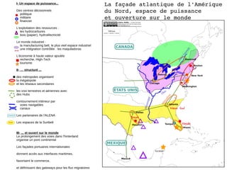 1. Analyse du sujet La façade atlantique de l'Amérique du Nord, espace de puissance et ouverture sur le monde Mais on peut utiliser des éléments d'autres leçon car il faut décloissoner les connaissances  ! Ainsi on se souviendra de l'étude de New-York dans le cours sur les métropoles acteurs de la mondialisation, De l'organisation spatiale des Etsts-Unis dans le 1er cours. 1. Analyse du sujet La façade atlantique de l'Amérique du Nord, espace de puissance et ouverture sur le monde Le début du sujet définit précisément la leçon concernée Une notion à approfondir Mais aussi  des espaces  : derrière l'unité apparente il existe des territoires à forte identité ; l'ensemble offre l'image d'une mosaïque hiérarchisée s'interroger sur  les natures et les moteurs de la puissance  : l'économie, la politique, la culture mais aussi les infrastructures et l'organisation de l'espace un espace unique  : de l'embouchure du Saint Laurent au Golfe du Mexique, un espace intégré et identifiable des  moyens  : infrastructures portuaires et aériennes des  flux  : investissements, commerce, migrations plusieurs espaces-monde : l'Atlantique (l'Europe, Afrique, Moyen Orient), le Pacifique (mondes asiatiques) et le Golfe du Mexique (Amérique latine) D'autres notions à mobiliser : centre décisionnel 