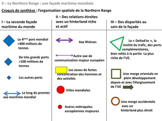 II – La Northern Range : une façade maritime mondiale
Croquis de synthèse : l’organisation spatiale de la Northern Range
                                 II – Des relations étroites
I – La seconde façade            avec un hinterland riche        III – Des disparités au
maritime du monde                et actif                        sein de la façade


         Le 4ème port mondial                                                 Le « Deltad’or », la
         >400 millions de                      Axe Rhénan
                                                                          moitié du trafic, des ports
          tonnes                                                         complémentaires,
                                                                 bien reliés à la partie La plus
          De très grands ports             Autre axe de
                                                                 riche de l’UE.
          >100 millions de       communication majeur européen
          tonnes
                                          Les zones de fortes
                                  concentration des hommes et            Une marge orientale en
          Les autres ports        des activités                          plein développement
                                                                 depuis et avec l’élargissement
                                                                 de l’UE
                                       Villes mondiales
            Le long du premier
axe maritime mondial
                                                                        Une marge occidentale
                                      Autres métropoles                 avec un
                                      européennes majeures              hinterland plus étroit
 