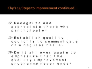 12. R e c o g n i z e a n d
  a p p r e c i a t e t h o s e wh o
  p a r t i c i p a t e .

13. E s t a b l i s h q u a l i t y
  c o u n c i l s t o c o mmu n i c a t e
  o n a r e g u l a r b a s i s .

14.   Do      i    t a l l o    v   e   r    a g a i n t o
  e   mp    h     a s i z e t   h   a   t    t h e
  q   u a   l     i t y i mp    r   o   v   e me n t
  p   r o   g     r a mme n     e   v   e   r e n d s .
                                                             11
 