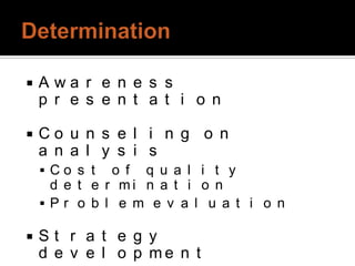    Awa r e n e s s
    p r e s e n t a t i o n

   Co u n s e l i n g o n
    a n a l y s i s
     Co s t  o f q u a l i t y
     d e t e r mi n a t i o n
    Pr o b l e m e v a l u a t i o n

   St r a t e g y
    d e v e l o p me n t
 