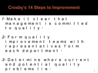 1. M a k e i t c l e a r t h a t
  ma n a g e me n t i s c o mmi t t e d
  t o q u a l i t y .

2. F o r m q u a l i t y
  i mp r o v e me n t t e a ms w i t h
  r e p r e s e n t a t i v e s f o r m
  e a c h d e p a r t me n t .

3. D e t e r m i n e w h e r e c u r r e n t
  a n d p o t e n t i a l q u a l i t y
  p r o b l e ms l i e .                       8
 