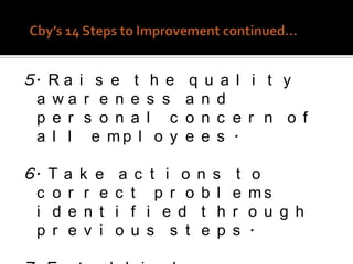 5. R a i s e t h e   q u a l i t y
 a wa r e n e s s    a n d
 p e r s o n a l c   o n c e r n o f
 a l l e mp l o y    e e s .

6. T a k e    a c t i o n s    t    o
 c o r r e   c t p r o b l    e    ms
 i d e n t   i f i e d t h    r    o u g h
 p r e v i   o u s s t e p    s    .
 