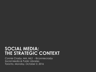 SOCIAL MEDIA:
THE STRATEGIC CONTEXT
Connie Crosby, MA, MLS - @conniecrosby
Social Media & Public Libraries
Toronto, Monday, October 3, 2016
 