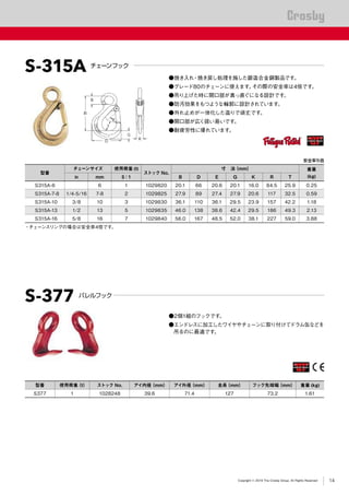 QUENCHED & TEMPERED
®
QUENCHED & TEMPERED
®
Copyright © 2019 The Crosby Group. All Rights Reserved
S-315A チェーンフック
●焼き入れ・焼き戻し処理を施した鍛造合金鋼製品です。
●グレード80のチェーンに使えます。その際の安全率は4倍です。
●吊り上げた時に開口部が真っ直ぐになる設計です。
●防汚効果をもつような輪郭に設計されています。
●外れ止めが一体化した造りで頑丈です。
●開口部が広く扱い易いです。
●耐疲労性に優れています。
安全率５倍
型番
チェーンサイズ 使用荷重 (t)
ストック No.
寸　法（mm） 重量
(kg)in mm 5：1 B D E G K R T
S315A-6 6 1 1029820 20.1 66 20.6 20.1 16.0 84.5 25.9 0.25
S315A-7-8 1/4-5/16 7-8 2 1029825 27.9 89 27.4 27.9 20.6 117 32.5 0.59
S315A-10 3/8 10 3 1029830 36.1 110 36.1 29.5 23.9 157 42.2 1.18
S315A-13 1/2 13 5 1029835 46.0 138 38.6 42.4 29.5 186 49.3 2.13
S315A-16 5/8 16 7 1029840 56.0 167 48.5 52.0 38.1 227 59.0 3.88
・チェーンスリングの場合は安全率4倍です。
S-377 バレルフック
●2個1組のフックです。
●エンドレスに加工したワイヤやチェーンに取り付けてドラム缶などを
吊るのに最適です。
型番 使用荷重（t） ストック No. アイ内径（mm） アイ外径（mm） 全長（mm） フック先端幅（mm） 重量 (kg)
S377 1 1028248 39.6 71.4 127 73.2 1.61
14
 