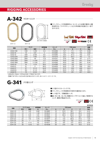 ®
Copyright © 2019 The Crosby Group. All Rights Reserved
RIGGING ACCESSORIES
A-342 マスターリンク
G-341 ナス型リング
安全率５倍
型番
サイズ 使用荷重
(t)
ストック
Ｎｏ．
寸法 (mm) 重量
(kg)呼び 刻印 A B C
A342-13W 13W 1/2W 3.4 1014266 15.7 71.1 127 0.59
A342-16 16 5/8 4 1014280 15.7 76.2 152 0.69
A342-19 19W 3/4W 5.6 1014285 18.5 81.3 152 0.91
A342-22W 22W 7/8W 6.9 1014319 22.4 95.3 162 1.5
A342-26W 26W 1W 11.8 1014331 27.9 109 191 2.77
A342-32W 32W 1-1/4W 17.7 1014348 33.8 140 241 5.44
A342-38W 38W 1-1/2W 27.7 1014365 40.9 150 267 8.44
A342-44 44 1-3/4 38.5 1014388 44.5 152 305 11.4
A342-51 51 2 46.5 1014404 50.8 178 356 16.8
A342-57 57 2-1/4 64.9 1014422 57.2 203 406 24.5
A342-63 63 2 1/2 72.6 1014468 63.0 213 406 31.1
A342-70 70 2-3/4 98.4 1014440 70.0 251 457 42.6
・上記以外に76mm～127mm(103t～179t)まであります。
・型番の"W"が付いたものは内寸法が拡大されています。W＝シルバー（カラー②）です。
安全率6倍
型番
サイズ (mm) 使用荷重
(t)
ストック
Ｎｏ．
寸法 (mm) 重量
(kg)呼び 刻印 A B C F
G341-10 10 3/8 0.82 1013897 10 57.2 38.1 19.1 0.10
G341-13 13 1/2 1.32 1013913 13 76.2 50.8 25.4 0.25
G341-16 16 5/8 1.91 1013931 16 95.5 63.5 31.8 0.48
G341-19 19 3/4 2.72 1013959 19 114 76.2 38.1 0.85
G341-22 22 7/8 3.76 1013977 22 133 88.9 44.5 1.25
G341-25 25 1 4.9 1013995 25 152 102 51.0 1.97
G341-32 32 1-1/4 7.6 1014011 32 197 127 63.5 3.45
G341-35 35 1-3/8 9.3 1014039 35 210 140 70.0 5.13
●クイックチェックの角度表示は、センターより45度の箇所に4箇
所刻印され、ワイヤやチェーンなどの吊角度が90度だと一目で
分かります。
カラー① カラー②　　　
●ナス型のマスターリンクです。
●クイックチェックの角度表示の刻印が4箇所あります。
●メッキ品です。（溶融亜鉛メッキ）
●細い方に1本、太い方に複数のロープやベルトを通して使用する
ことで、摩耗が軽減されます。
B
C
A
F
QUENCHED & TEMPERED
QUENCHED & TEMPERED
®
18
 