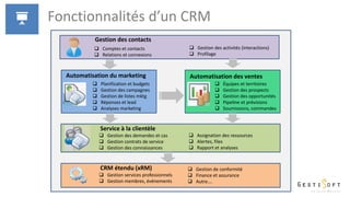 Fonctionnalités du CRMFonctionnalités d’un CRM
Service à la clientèle
Automatisation du marketing Automatisation des ventes
 Planification et budgets
 Gestion des campagnes
 Gestion de listes mktg
 Réponses et lead
 Analyses marketing
 Équipes et territoires
 Gestion des prospects
 Gestion des opportunités
 Pipeline et prévisions
 Soumissions, commandes
 Gestion des demandes et cas
 Gestion contrats de service
 Gestion des connaissances
 Assignation des ressources
 Alertes, files
 Rapport et analyses
CRM étendu (xRM)
 Gestion services professionnels
 Gestion membres, événements
 Gestion de conformité
 Finance et assurance
 Autre….
Gestion des contacts
 Comptes et contacts
 Relations et connexions
 Gestion des activités (interactions)
 Profilage
 