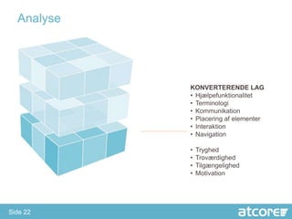 Analyse




            KONVERTERENDE LAG
            • Hjælpefunktionalitet
            • Terminologi
            • Kommunikation
            • Placering af elementer
            • Interaktion
            • Navigation

            •   Tryghed
            •   Troværdighed
            •   Tilgængelighed
            •   Motivation




Side 22
 