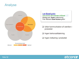 Analyse




             Uklar kommunkation af værdien i
              produktet

             Ingen behovsafdækning

             Ingen indkøring i produktet




Side 32
 