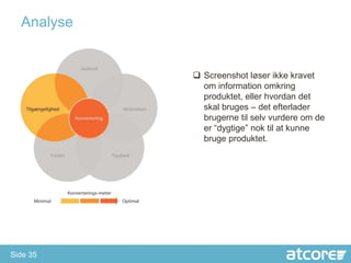 Analyse


             Screenshot løser ikke kravet
              om information omkring
              produktet, eller hvordan det
              skal bruges – det efterlader
              brugerne til selv vurdere om de
              er “dygtige” nok til at kunne
              bruge produktet.




Side 35
 