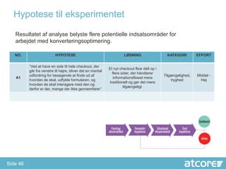 Hypotese til eksperimentet

   Resultatet af analyse belyste flere potentielle indsatsområder for
   arbejdet med konverteringsoptimering.

   NO.                    HYPOTESE                                   LØSNING                  KATEGORI         EFFORT


          “Ved at have en side til hele checkout, der
                                                            Et nyt checkout flow delt op i
          går fra venstre til højre, bliver det en mental
                                                              flere sider, der håndterer
          udfordring for besøgende at finde ud af                                            Tilgængelighed,   Middel -
   A1                                                          informationsflowet mere
          hvordan de skal, udfylde formularen, og                                                tryghed         Høj
                                                            traditionelt og gør det mere
          hvordan de skal interagere med den og
                                                                     tilgængeligt.
          derfor er der, mange der ikke gennemfører”




Side 46
 