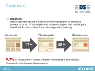 Case: ds.dk


    Baggrund:
     Dansk Standard ønskede at løfte konverteringsgraden på en række
     punkter på ds.dk. Vi udarbejdede en adfærdsanalysen med henblik på at
     identificere indsatsområder for en efterfølgende optimering.


  Kurser-side                           Tilmeldingsside         Kvitteringsside



                        17%               Tilmelding
                                                          48%


  8,3% af besøgende til kursus-universet konverterer til en tilmelding...
  Observation fra adfærdsanalyse (Google Analytics)


Side 52
 