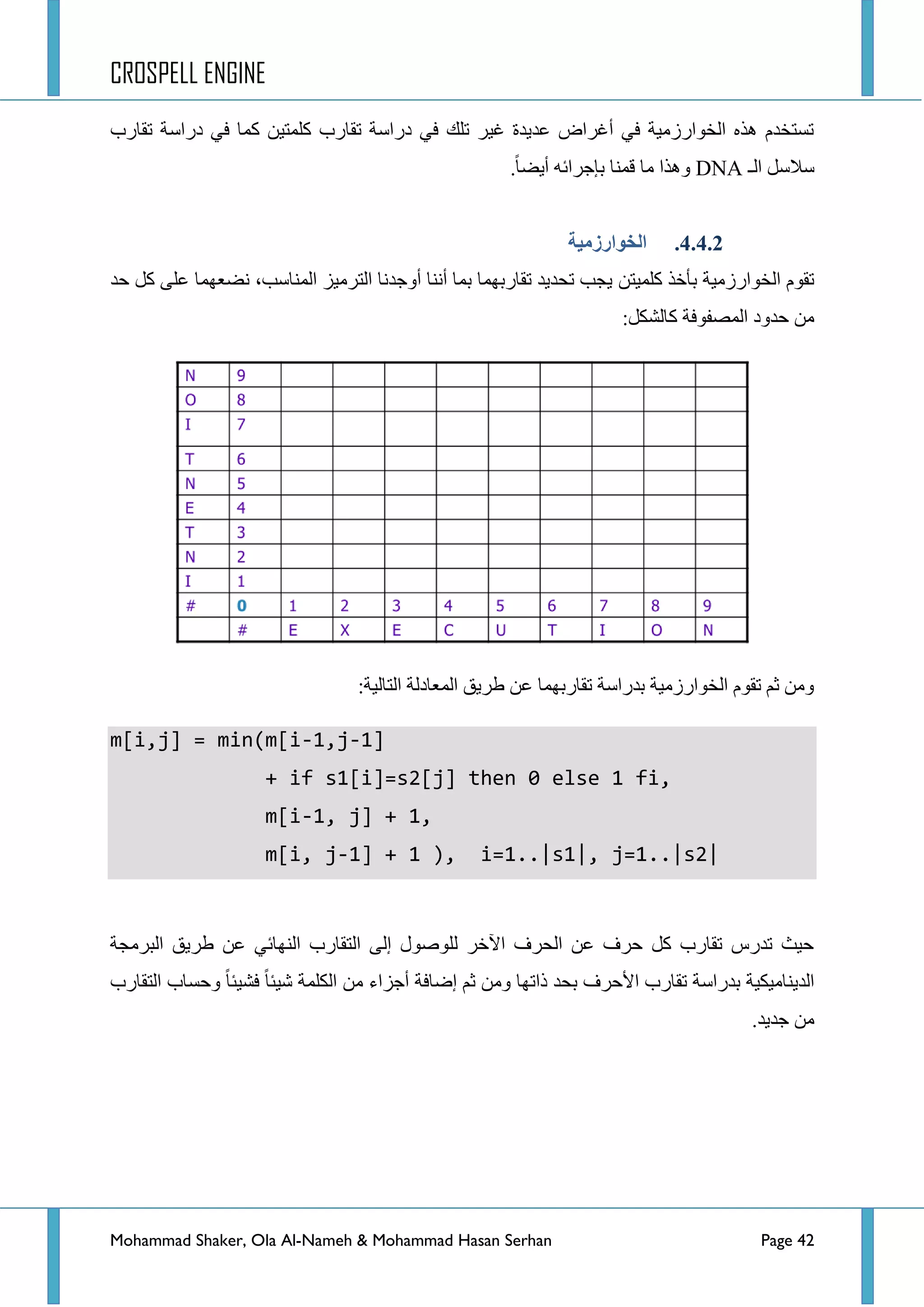 CROSPELL ENGINE
Mohammad Shaker, Ola Al-Nameh & Mohammad Hasan Serhan Page 42
‫ضمحسخ‬ ‫دسجعس‬ ٟ‫ف‬ ‫وّح‬ ٓ١‫وٍّط‬ ‫ضمحسخ‬ ‫دسجعس‬ ٟ‫ف‬ ‫ضٍه‬ ‫غ١ش‬ ‫ػذ٠ذز‬ ‫أغشجع‬ ٟ‫ف‬ ‫جٌخٛجسصِ١س‬ ٖ‫٘ز‬ َ‫ضغطخذ‬
‫جٌـ‬ ً‫عالع‬DNA.‫أ٠ؼح‬ ٗ‫ذاؾشجت‬ ‫لّٕح‬ ‫ِح‬ ‫ٚ٘زج‬
4.4.2.‫انخىارسيُخ‬
‫جٌخٛجسصِ١س‬ َٛ‫ضم‬ٓ‫وٍّ١ط‬ ‫ذأخز‬‫أٚؾ‬ ‫إٔٔح‬ ‫ذّح‬ ‫ضمحسذّٙح‬ ‫ضكذ٠ذ‬ ‫٠ؿد‬‫قذ‬ ً‫و‬ ٍٝ‫ػ‬ ‫ٔؼؼّٙح‬ ،‫جٌّٕحعد‬ ‫جٌطشِ١ض‬ ‫ذٔح‬
:ً‫وحٌشى‬ ‫جٌّظفٛفس‬ ‫قذٚد‬ ِٓ
‫جٌطحٌ١س‬ ‫جٌّؼحدٌس‬ ‫ؽش٠ك‬ ٓ‫ػ‬ ‫ضمحسذّٙح‬ ‫ذذسجعس‬ ‫جٌخٛجسصِ١س‬ َٛ‫ضم‬ ُ‫غ‬ ِٓٚ:
m[i,j] = min(m[i-1,j-1]
+ if s1[i]=s2[j] then 0 else 1 fi,
m[i-1, j] + 1,
m[i, j-1] + 1 ), i=1..|s1|, j=1..|s2|
‫جٌرشِؿس‬ ‫ؽش٠ك‬ ٓ‫ػ‬ ٟ‫جٌٕٙحت‬ ‫جٌطمحسخ‬ ٌٝ‫ئ‬ ‫ٌٍٛطٛي‬ ‫ج٢خش‬ ‫جٌكشف‬ ٓ‫ػ‬ ‫قشف‬ ً‫و‬ ‫ضمحسخ‬ ‫ضذسط‬ ‫ق١ع‬
‫جٌطمحسخ‬ ‫ٚقغحخ‬ ‫فش١ثح‬ ‫ش١ثح‬ ‫جٌىٍّس‬ ِٓ ‫أؾضجء‬ ‫ئػحفس‬ ُ‫غ‬ ِٓٚ ‫رجضٙح‬ ‫ذكذ‬ ‫ج٤قشف‬ ‫ضمحسخ‬ ‫ذذسجعس‬ ‫جٌذ٠ٕحِ١ى١س‬
.‫ؾذ٠ذ‬ ِٓ
 