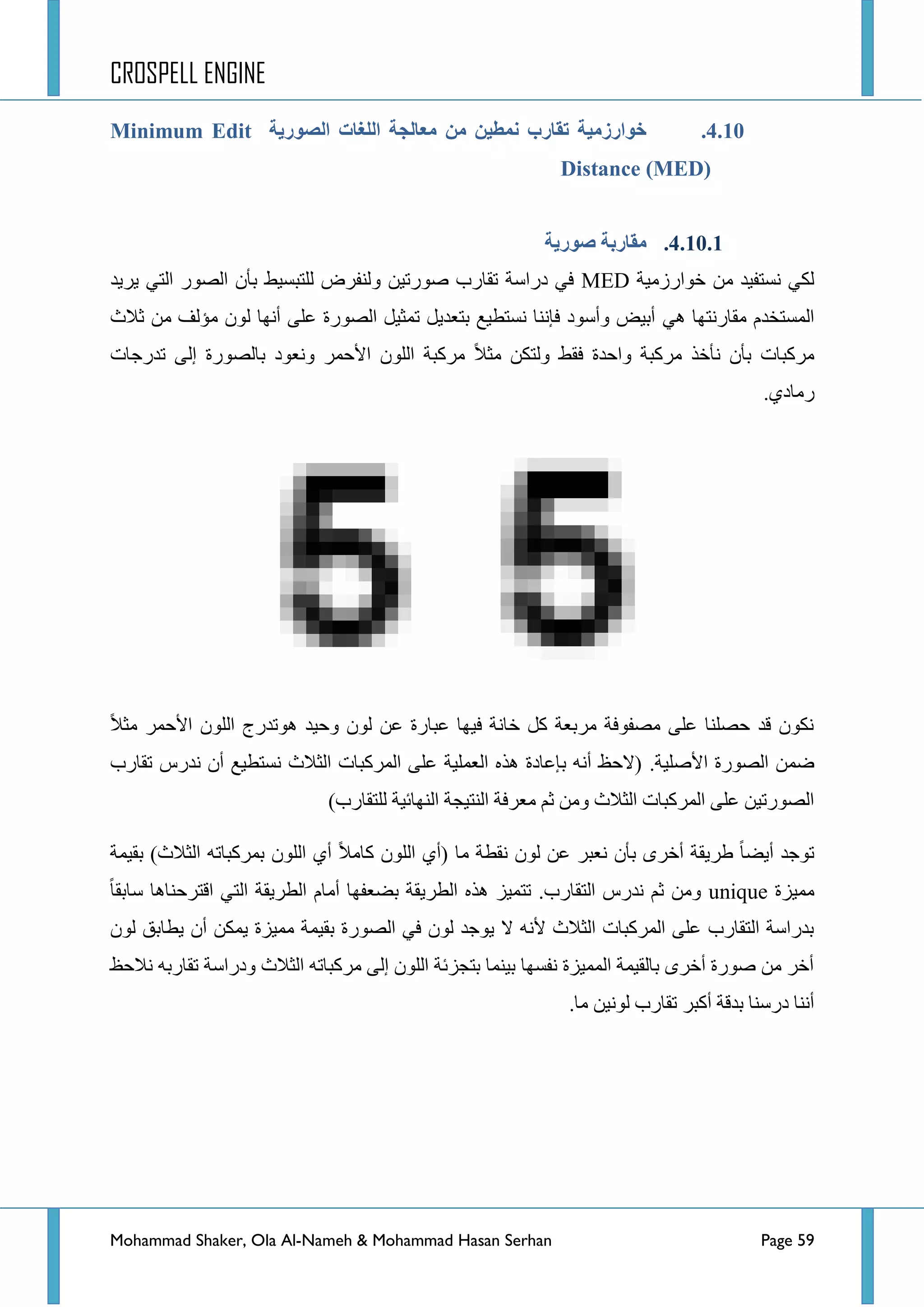 CROSPELL ENGINE
Mohammad Shaker, Ola Al-Nameh & Mohammad Hasan Serhan Page 59
4.11.‫انظىرَخ‬ ‫انهغبد‬ ‫يؼبنجخ‬ ‫ين‬ ‫نًطُن‬ ‫تمبرة‬ ‫خىارسيُخ‬Minimum Edit
Distance (MED)
4.11.1.‫طىرَخ‬ ‫يمبرثخ‬
‫خٛجسصِ١س‬ ِٓ ‫ٔغطف١ذ‬ ٟ‫ٌى‬MEDٚ ٓ١‫طٛسض‬ ‫ضمحسخ‬ ‫دسجعس‬ ٟ‫ف‬‫٠ش٠ذ‬ ٟ‫جٌط‬ ‫جٌظٛس‬ ْ‫ذأ‬ ‫ٌٍطرغ١ؾ‬ ‫ٌٕفشع‬
ٟ٘ ‫ِمحسٔطٙح‬ َ‫جٌّغطخذ‬‫غالظ‬ ِٓ ‫ِإٌف‬ ٌْٛ ‫أٔٙح‬ ٍٝ‫ػ‬ ‫جٌظٛسز‬ ً١‫ضّػ‬ ً٠‫ذطؼذ‬ ‫ٔغطط١غ‬ ‫فإٔح‬ ‫ٚأعٛد‬ ‫أذ١غ‬
ٌٝ‫ئ‬ ‫ذحٌظٛسز‬ ‫ٚٔؼٛد‬ ‫ج٤قّش‬ ٌٍْٛ‫ج‬ ‫ِشورس‬ ‫ِػال‬ ٓ‫ٌٚطى‬ ‫فمؾ‬ ‫ٚجقذز‬ ‫ِشورس‬ ‫ٔأخز‬ ْ‫ذأ‬ ‫ِشورحش‬‫ضذسؾحش‬
.ٞ‫سِحد‬
‫ج٤قّش‬ ٌٍْٛ‫ج‬ ‫٘ٛضذسؼ‬ ‫ٚق١ذ‬ ٌْٛ ٓ‫ػ‬ ‫ػرحسز‬ ‫ف١ٙح‬ ‫خحٔس‬ ً‫و‬ ‫ِشذؼس‬ ‫ِظفٛفس‬ ٍٝ‫ػ‬ ‫قظٍٕح‬ ‫لذ‬ ْٛ‫ٔى‬‫ِػال‬
.‫ج٤طٍ١س‬ ‫جٌظٛسز‬ ّٓ‫ػ‬‫ضمحسخ‬ ‫ٔذسط‬ ْ‫أ‬ ‫ٔغطط١غ‬ ‫جٌػالظ‬ ‫جٌّشورحش‬ ٍٝ‫ػ‬ ‫جٌؼٍّ١س‬ ٖ‫٘ز‬ ‫ذاػحدز‬ ٗٔ‫أ‬ ‫(القع‬
ٌٍ ‫جٌٕٙحت١س‬ ‫جٌٕط١ؿس‬ ‫ِؼشفس‬ ُ‫غ‬ ِٓٚ ‫جٌػالظ‬ ‫جٌّشورحش‬ ٍٝ‫ػ‬ ٓ١‫جٌظٛسض‬)‫طمحسخ‬
‫ذم١ّس‬ )‫جٌػالظ‬ ٗ‫ذّشورحض‬ ٌٍْٛ‫ج‬ ٞ‫أ‬ ‫وحِال‬ ٌٍْٛ‫ج‬ ٞ‫(أ‬ ‫ِح‬ ‫ٔمطس‬ ٌْٛ ٓ‫ػ‬ ‫ٔؼرش‬ ْ‫ذأ‬ ٜ‫أخش‬ ‫ؽش٠مس‬ ‫أ٠ؼح‬ ‫ضٛؾذ‬
‫ِّ١ضز‬unique‫عحذمح‬ ‫جلطشقٕح٘ح‬ ٟ‫جٌط‬ ‫جٌطش٠مس‬ َ‫أِح‬ ‫ذؼؼفٙح‬ ‫جٌطش٠مس‬ ٖ‫٘ز‬ ‫ضطّ١ض‬ .‫جٌطمحسخ‬ ‫ٔذسط‬ ُ‫غ‬ ِٓٚ
‫جٌظٛس‬ ٟ‫ف‬ ٌْٛ ‫٠ٛؾذ‬ ‫ال‬ ٗٔ٤ ‫جٌػالظ‬ ‫جٌّشورحش‬ ٍٝ‫ػ‬ ‫جٌطمحسخ‬ ‫ذذسجعس‬ٌْٛ ‫٠طحذك‬ ْ‫أ‬ ٓ‫٠ّى‬ ‫ِّ١ضز‬ ‫ذم١ّس‬ ‫ز‬
‫ٔالقع‬ ٗ‫ضمحسذ‬ ‫ٚدسجعس‬ ‫جٌػالظ‬ ٗ‫ِشورحض‬ ٌٝ‫ئ‬ ٌٍْٛ‫ج‬ ‫ذطؿضتس‬ ‫ذ١ّٕح‬ ‫ٔفغٙح‬ ‫جٌّّ١ضز‬ ‫ذحٌم١ّس‬ ٜ‫أخش‬ ‫طٛسز‬ ِٓ ‫أخش‬
.‫ِح‬ ٓ١ٌٔٛ ‫ضمحسخ‬ ‫أورش‬ ‫ذذلس‬ ‫دسعٕح‬ ‫إٔٔح‬
 