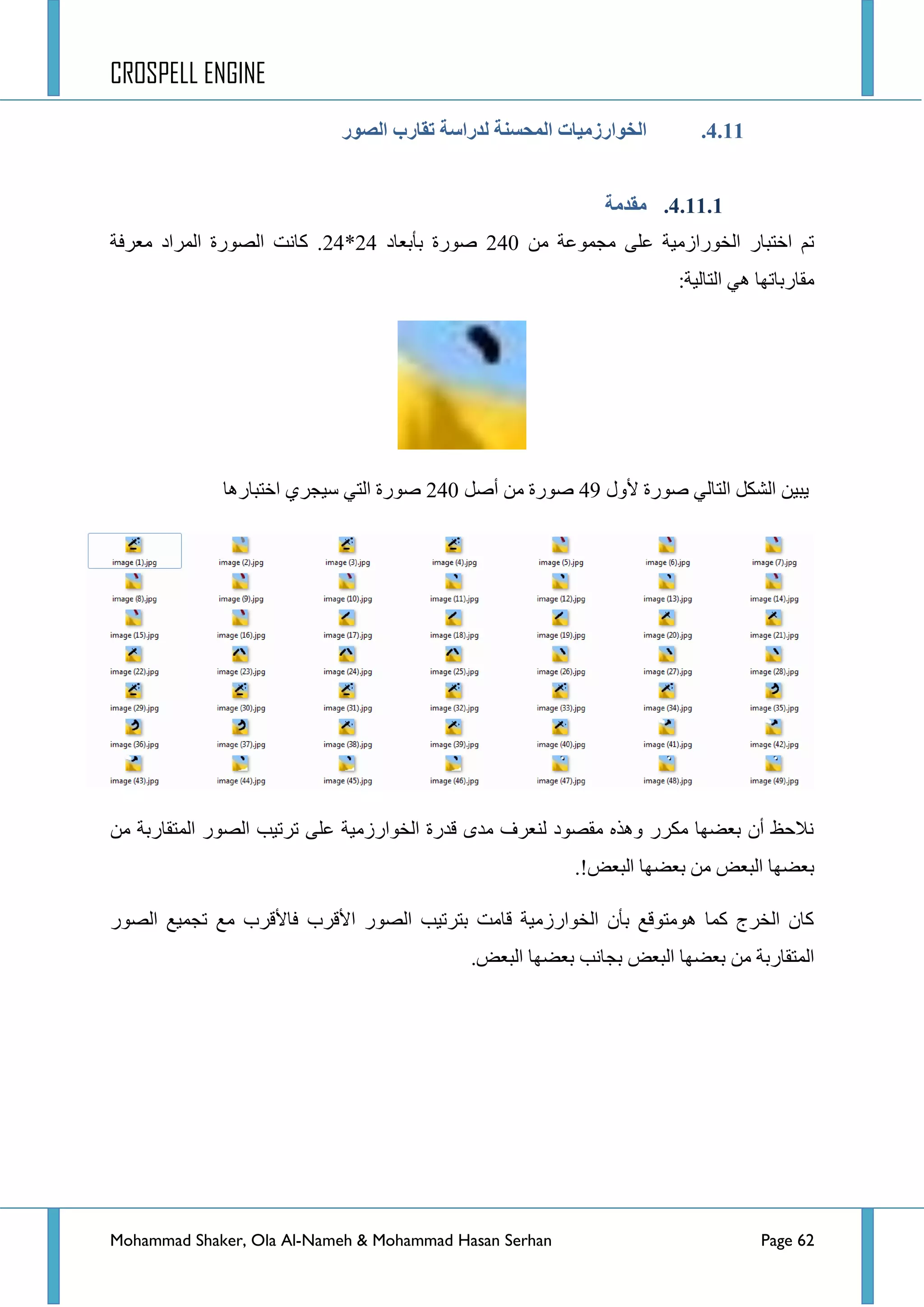 CROSPELL ENGINE
Mohammad Shaker, Ola Al-Nameh & Mohammad Hasan Serhan Page 62
4.11.‫انًحظنخ‬ ‫انخىارسيُبد‬‫انظىر‬ ‫تمبرة‬ ‫نذراطخ‬
4.11.1.‫يمذيخ‬
ِٓ ‫ِؿّٛػس‬ ٍٝ‫ػ‬ ‫جٌخٛسجصِ١س‬ ‫جخطرحس‬ ُ‫ض‬240‫ذأذؼحد‬ ‫طٛسز‬24*24‫ِؼشفس‬ ‫جٌّشجد‬ ‫جٌظٛسز‬ ‫وحٔص‬ .
:‫جٌطحٌ١س‬ ٟ٘ ‫ِمحسذحضٙح‬
‫٤ٚي‬ ‫طٛسز‬ ٌٟ‫جٌطح‬ ً‫جٌشى‬ ٓ١‫٠ر‬49ً‫أط‬ ِٓ ‫طٛسز‬240‫جخطرحس٘ح‬ ٞ‫ع١ؿش‬ ٟ‫جٌط‬ ‫طٛسز‬
ِٓ ‫جٌّطمحسذس‬ ‫جٌظٛس‬ ‫ضشض١د‬ ٍٝ‫ػ‬ ‫جٌخٛجسصِ١س‬ ‫لذسز‬ ٜ‫ِذ‬ ‫ٌٕؼشف‬ ‫ِمظٛد‬ ٖ‫ٚ٘ز‬ ‫ِىشس‬ ‫ذؼؼٙح‬ ْ‫أ‬ ‫ٔالقع‬
.!‫جٌرؼغ‬ ‫ذؼؼٙح‬ ِٓ ‫جٌرؼغ‬ ‫ذؼؼٙح‬
٤‫فح‬ ‫ج٤لشخ‬ ‫جٌظٛس‬ ‫ذطشض١د‬ ‫لحِص‬ ‫جٌخٛجسصِ١س‬ ْ‫ذأ‬ ‫ِ٘ٛطٛلغ‬ ‫وّح‬ ‫جٌخشؼ‬ ْ‫وح‬‫جٌظٛس‬ ‫ضؿّ١غ‬ ‫ِغ‬ ‫لشخ‬
.‫جٌرؼغ‬ ‫ذؼؼٙح‬ ‫ذؿحٔد‬ ‫جٌرؼغ‬ ‫ذؼؼٙح‬ ِٓ ‫جٌّطمحسذس‬
 