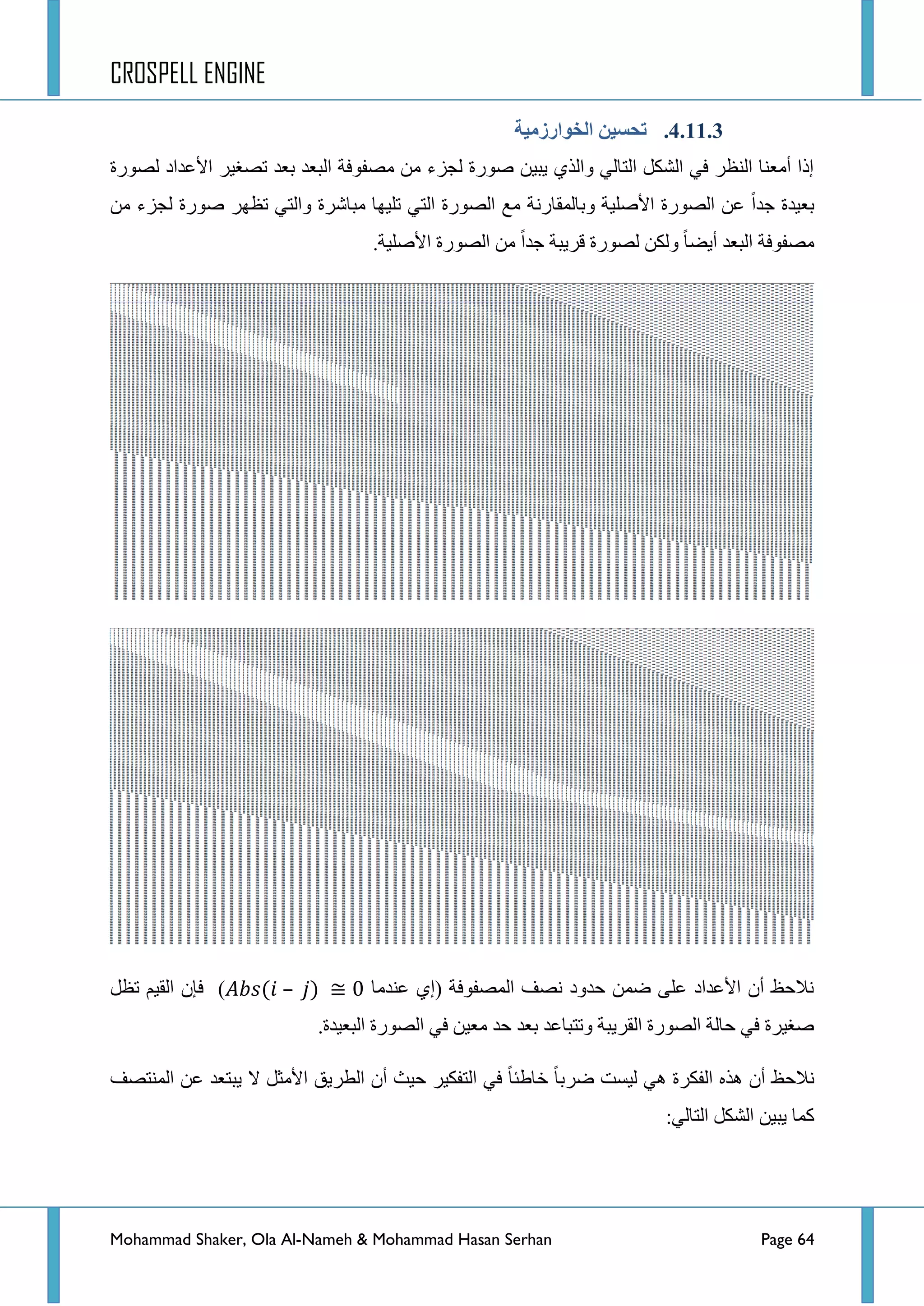 CROSPELL ENGINE
Mohammad Shaker, Ola Al-Nameh & Mohammad Hasan Serhan Page 64
4.11.3.‫انخىارسيُخ‬ ‫تحظُن‬
‫ٌظٛسز‬ ‫ج٤ػذجد‬ ‫ضظغ١ش‬ ‫ذؼذ‬ ‫جٌرؼذ‬ ‫ِظفٛفس‬ ِٓ ‫ٌؿضء‬ ‫طٛسز‬ ٓ١‫٠ر‬ ٞ‫ٚجٌز‬ ٌٟ‫جٌطح‬ ً‫جٌشى‬ ٟ‫ف‬ ‫جٌٕظش‬ ‫أِؼٕح‬ ‫ئرج‬
ِٓ ‫ٌؿضء‬ ‫طٛسز‬ ‫ضظٙش‬ ٟ‫ٚجٌط‬ ‫ِرحششز‬ ‫ضٍ١ٙح‬ ٟ‫جٌط‬ ‫جٌظٛسز‬ ‫ِغ‬ ‫ٚذحٌّمحسٔس‬ ‫ج٤طٍ١س‬ ‫جٌظٛسز‬ ٓ‫ػ‬ ‫ؾذج‬ ‫ذؼ١ذز‬
‫جٌظٛسز‬ ِٓ ‫ؾذج‬ ‫لش٠رس‬ ‫ٌظٛسز‬ ٓ‫ٌٚى‬ ‫أ٠ؼح‬ ‫جٌرؼذ‬ ‫ِظفٛفس‬.‫ج٤طٍ١س‬
‫ػٕذِح‬ ٞ‫(ئ‬ ‫جٌّظفٛفس‬ ‫ٔظف‬ ‫قذٚد‬ ّٓ‫ػ‬ ٍٝ‫ػ‬ ‫ج٤ػذجد‬ ْ‫أ‬ ‫ٔالقع‬–)ً‫ضظ‬ ُ١‫جٌم‬ ْ‫فا‬
.‫جٌرؼ١ذز‬ ‫جٌظٛسز‬ ٟ‫ف‬ ٓ١‫ِؼ‬ ‫قذ‬ ‫ذؼذ‬ ‫ٚضطرحػذ‬ ‫جٌمش٠رس‬ ‫جٌظٛسز‬ ‫قحٌس‬ ٟ‫ف‬ ‫طغ١شز‬
ٌ‫ج‬ ٓ‫ػ‬ ‫٠رطؼذ‬ ‫ال‬ ً‫ج٤ِػ‬ ‫جٌطش٠ك‬ ْ‫أ‬ ‫ق١ع‬ ‫جٌطفى١ش‬ ٟ‫ف‬ ‫خحؽثح‬ ‫ػشذح‬ ‫ٌ١غص‬ ٟ٘ ‫جٌفىشز‬ ٖ‫٘ز‬ ْ‫أ‬ ‫ٔالقع‬‫ّٕطظف‬
:ٌٟ‫جٌطح‬ ً‫جٌشى‬ ٓ١‫٠ر‬ ‫وّح‬
 