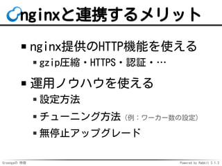Groongaの 特徴 Powered by Rabbit 2.1.3
nginxと連携するメリット
nginx提供のHTTP機能を使える
gzip圧縮・HTTPS・認証・…
運用ノウハウを使える
設定方法
チューニング方法（例：ワーカー数の設定）
無停止アップグレード
 