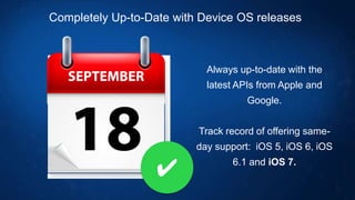Completely Up-to-Date with Device OS releases

Always up-to-date with the
latest APIs from Apple and
Google.
Track record of offering sameday support: iOS 5, iOS 6, iOS

✔

6.1 and iOS 7.

 