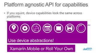 iOS

MonoTouch.CoreLocation
MonoTouch.CoreMotion
MonoTouch.AVFoundation
MonoTouch.AddressBook
MonoTouch.EventKit
…

Android:
Android.Hardware.Sensor
Android.Location
Android.Bluetooth
Android.Nfc
…

Windows Phone:
Microsoft.Devices.Sensors.Gyroscope
Microsoft.Devices.Sensors.Accelerometer
Microsoft.Devices.Sensors.Compass
Microsoft.Devices.Sensors.Motion
…

 