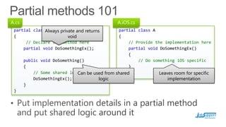 A.cs

A.iOS.cs

partial classAlways private and returns
A
{
void
// Declare the method here
partial void DoSomethingEx();

partial class A
{
// Provide the implementation here
partial void DoSomethingEx()
{
public void DoSomething()
// Do something iOS specific
{
}
// Some shared logic be used from shared
}
Can
Leaves room for specific
DoSomethingEx();
logic
implementation
}

}

 