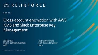 © 2019,Amazon Web Services, Inc. or its affiliates. All rights reserved.
Cross-account encryption with AWS
KMS and Slack Enterprise Key
Management
Joe Norman
Partner Solutions Architect
AWS
S D D 3 5 3
Audrei Drummond
Staff Backend Engineer
Slack
 