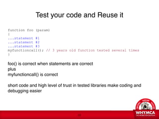 Test your code and Reuse it

function foo (param)
{
...statement #1
...statement #2
...statement #3
myfunctioncall(); // 3 years old function tested several times
}

foo() is correct when statements are correct  
plus 
myfunctioncall() is correct 
 
short code and high level of trust in tested libraries make coding and
debugging easier 
 
     
 

                                     !22
 