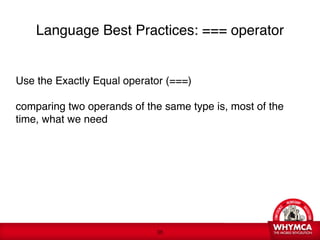 Language Best Practices: === operator


Use the Exactly Equal operator (===)

comparing two operands of the same type is, most of the
time, what we need




   
 






                             !38
 