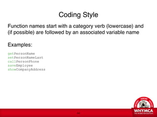 Coding Style
Function names start with a category verb (lowercase) and
(if possible) are followed by an associated variable name

Examples:

getPersonName 
setPersonNameLast 
callPersonPhone 
saveEmployee 
showCompanyAddress 

   
 






                             !44
 