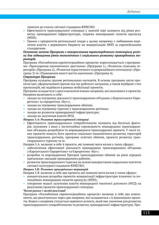 113
Додатки
занесені до списку світової спадщини ЮНЕСКО.
•• Ефективність транскордонної співпраці у значній мірі залежить від рівня роз-
витку прикордонної інфраструктури, зокрема міжнародних пунктів пропуску
(МПП).
•• Одним з пріоритетів регіональної влади у цьому напрямку є лобіювання виді-
лення коштів з державного бюджету на модернізацію МПП за європейськими
стандартами.
Основною метою Програми є використання транскордонного потенціалу регіо-
ну для підвищення рівня економічного і соціального розвитку прикордонних те-
риторій.
Програма «Поглиблення євроінтеграційних процесів» кореспондується з програма-
ми «Прискорення економічного зростання» (Програма 1), «Розвиток сільських те-
риторій» (Програма 2), «Розвиток туристичного та рекреаційного потенціалу» (Про-
грама 3) та «Підвищення якості життя населення» (Програма 4).
Структура Програми
Програма складена групою регіональних експертів. В основу програми лягли про-
ектні ідеї, сформульовані групою під час робочого засідання, а також відібрані з тих
пропозицій, які надійшли в рамках мобілізації проектів.
Програма складається з двох взаємопов'язаних напрямів, які охоплюють 6 проектів.
Напрями включають в себе:
•• заходи на підтримку діяльності транскордонних об’єднань («Карпатського Євро-
регіону» та єврорегіону «Буг»);
•• заходи на підтримку транскордонних обмінів;
•• заходи на підтримку туризму у транскордонних регіонах;
•• заходи на розвиток прикордонної інфраструктури;
•• заходи на залучення коштів МТД.
Напрям 5.A: Розвиток транскордонної співпраці
•• Ефективність транскордонного співробітництва залежить від багатьох факто-
рів, основним з яких є інституційна спроможність міжнародних транскордон-
них об’єднань розробляти та впроваджувати транскордонні проекти. У числі та-
ких проектів можуть бути проекти соціально-економічного розвитку територій
транскордонних регіонів, програми освітніх обмінів, проекти розвитку тран-
скордонного туризму та ін.
Напрям 5.А. включає в себе 4 проекти, які повинні мати вплив у таких сферах:
•• забезпечення ефективної діяльності міжнародних транскордонних об’єднань
(«Карпатського Єврорегіону» та Єврорегіону «Буг»;
•• розробка та впровадження Програм транскордонних обмінів на рівні середніх
навчальних закладів прикордонних районів;
•• розвитоктранскордонного туризму на основі використання сакральних пам’яток
світової культурної спадщини ЮНЕСКО;
Напрям 5.В: Розвиток прикордонних територій
Напрям 5.В. включає в себе два проекти, які повинні мати вплив у таких сферах:
•• концептуальна розробка проектів модернізації інфраструктури існуючих та по-
тенційних міжнародних пунктів пропуску (МПП);
•• створення моделі залучення коштів міжнародної технічної допомоги (МТД) на
реалізацію проектів транскордонної співпраці.
Часові рамки і засоби реалізації
Програма «Поглиблення євроінтеграційних процесів» включає в себе два компо-
ненти, що реалізуються через два напрями, які складаються з 6 відповідних проек-
тів. Кожен з напрямів стосується окремого аспекту, який має значення для розвитку
транскордонного співробітництва та розвитку прикордонної інфраструктури. Про-
 