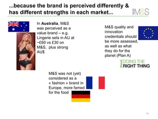 ...because the brand is perceived differently &
has different strengths in each market...
49
M&S was not (yet)
considered as a
« fashion » brand in
Europe, more famed
for the food
In Australia, M&S
was perceived as a
value brand – e.g.
Lingerie sets in AU at
~£60 vs £30 on
M&S, plus strong
AU$
M&S quality and
innovation
credentials should
be more assessed,
as well as what
they do for the
planet (Plan A)
 
