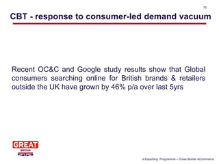 CBT - response to consumer-led demand vacuum
Recent OC&C and Google study results show that Global
consumers searching online for British brands & retailers
outside the UK have grown by 46% p/a over last 5yrs
e-Exporting Programme – Cross Border eCommerce
75
 