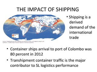 THE IMPACT OF SHIPPING
• Container ships arrival to port of Colombo was
80 percent in 2012
• Transhipment container traffic is the major
contributor to SL logistics performance
• Shipping is a
derived
demand of the
international
trade
 