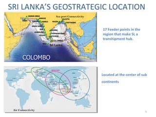 SRI LANKA’S GEOSTRATEGIC LOCATION
5
Located at the center of sub
continents
Air Connectivity
17 Feeder points in the
region that make SL a
transhipment hub.
Sea port Connectivity
 