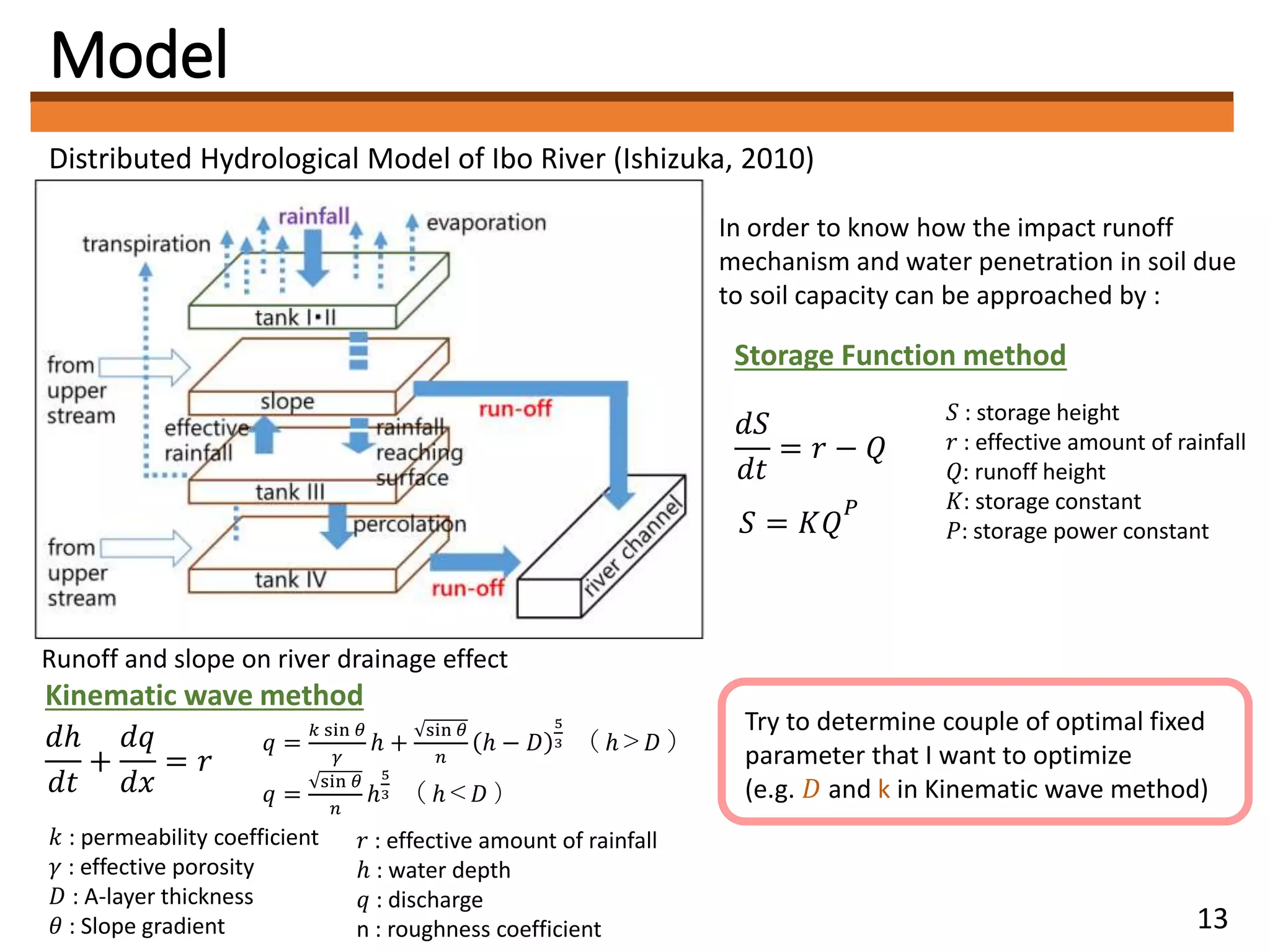 Model
Distributed Hydrological Model of Ibo River (Ishizuka, 2010)
In order to know how the impact runoff
mechanism and water penetration in soil due
to soil capacity can be approached by :
Storage Function method
𝑑𝑆
𝑑𝑡
= 𝑟 − 𝑄
𝑆 = 𝐾𝑄
𝑃
𝑆 : storage height
𝑟 : effective amount of rainfall
𝑄: runoff height
𝐾: storage constant
𝑃: storage power constant
Runoff and slope on river drainage effect
Kinematic wave method
𝑑ℎ
𝑑𝑡
+
𝑑𝑞
𝑑𝑥
= 𝑟
𝑞 =
𝑘 sin 𝜃
𝛾
ℎ +
sin 𝜃
𝑛
ℎ − 𝐷
5
3 （ ℎ＞𝐷 ）
𝑞 =
sin 𝜃
𝑛
ℎ
5
3 （ ℎ＜𝐷 ）
𝑟 : effective amount of rainfall
ℎ : water depth
𝑞 : discharge
n : roughness coefficient
Try to determine couple of optimal fixed
parameter that I want to optimize
(e.g. 𝐷 and k in Kinematic wave method)
𝑘 : permeability coefficient
𝛾 : effective porosity
𝐷 : A-layer thickness
𝜃 : Slope gradient 13
 