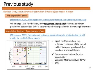 Previous study
Previous study about parameter estimation of hydrological model in Japan
Time-dependent effect
(Tachikawa, 2014) Investigation of rainfall-runoff model in dependent flood scale
When large scale flood occurs, only roughness coefficient become a dominant
parameter because soil layer is saturated and other parameter may change over time
Spatial distributions of parameters effect
(Miyamoto, 2015) Estimation of optimum parameters sets of distributed runoff
model for multiple flood events
- Nash coefficient show the
efficiency measure of the model,
which show not good result for
medium and small floods.
5
 Common method use for data
assimilation :
- Variation Method : 3DVar, 4DVar
- EnKF
 