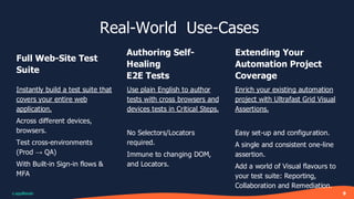 Real-World Use-Cases
Full Web-Site Test
Suite
9
Instantly build a test suite that
covers your entire web
application.
Across different devices,
browsers.
Test cross-environments
(Prod → QA)
With Built-in Sign-in flows &
MFA
Authoring Self-
Healing
E2E Tests
Use plain English to author
tests with cross browsers and
devices tests in Critical Steps.
No Selectors/Locators
required.
Immune to changing DOM,
and Locators.
Extending Your
Automation Project
Coverage
Enrich your existing automation
project with Ultrafast Grid Visual
Assertions.
Easy set-up and configuration.
A single and consistent one-line
assertion.
Add a world of Visual flavours to
your test suite: Reporting,
Collaboration and Remediation.
 