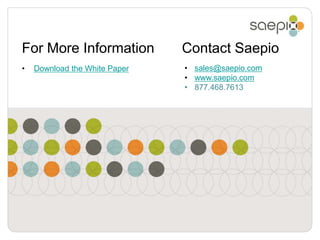 For More Information           Contact Saepio
•   Download the White Paper   • sales@saepio.com
                               • www.saepio.com
                               • 877.468.7613
 