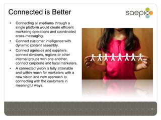 Connected is Better
•   Connecting all mediums through a
    single platform would create efficient
    marketing operations and coordinated
    cross-messaging.
•   Connect customer intelligence with
    dynamic content assembly.
•   Connect agencies and suppliers,
    connect divisions, regions or other
    internal groups with one another,
    connect corporate and local marketers.
•   A connected vision is fully attainable
    and within reach for marketers with a
    new vision and new approach to
    connecting with the customers in
    meaningful ways.




                                             4
 