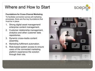 Where and How to Start
Foundations for Cross-Channel Marketing
To facilitate connection across all marketing
processes, there are five key foundations that
must be in place.
1. Strong digital asset management/
   enterprise content management.
2. Customer relationship management,
   analytics and other customer data
   repositories.
3. Dynamic cross-media content
   assembly.
4. Marketing fulfillment automation.
5. Role-based system access to ensure
   users of the connected marketing
   platform experience the solution
   through their role.



                                                 5
 