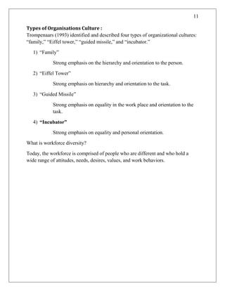 11
Types of Organisations Culture :
Trompenaars (1993) identified and described four types of organizational cultures:
―family,‖ ―Eiffel tower,‖ ―guided missile,‖ and ―incubator.‖
1) ―Family‖
Strong emphasis on the hierarchy and orientation to the person.
2) ―Eiffel Tower‖
Strong emphasis on hierarchy and orientation to the task.
3) ―Guided Missile‖
Strong emphasis on equality in the work place and orientation to the
task.
4) “Incubator”
Strong emphasis on equality and personal orientation.
What is workforce diversity?
Today, the workforce is comprised of people who are different and who hold a
wide range of attitudes, needs, desires, values, and work behaviors.
 
