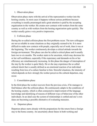 24
1. Observation phase
Observation phase starts with the arrival of the representative worker into the
hosting country. In most cases it happens without serious problems because
everything is usually prearranged and a great attention is paid by the accepting
organization to the worker. He creates new contacts with workers from the same
country as well as with workers from the hosting organization quite quickly. The
worker usually gains a very positive impression.
2. Collision phase
During the so-called collision phase the first problems occur. The new colleagues
are not as reliable in some situations as they originally seemed to be. It is more
difficult to make new contacts with people, especially out of work, than it was at
the beginning. The worker continuously develops a critical attitude towards the
foreign environment. This phase can also be called a critical phase and it usually
lasts two to six months. The worker starts to be uncertain, which may decrease his
or her self-confidence, especially if the expectancy and demands on his or her
efficiency are simultaneously increasing. In this phase the danger of interruption of
the stay by the worker is quite likely. He or she may experience the so called
cultural shock that is usually defined as an emotional reaction of an individual
resulting from loss of a culture familiar to him. Stressful situations, the intensity of
which depends on how strongly the worker perceives the cultural departure, may
occur.
3. Consolidation phase
In the third phase the worker recovers from the previous crisis, if he manages to
find balance after the collision phase. He continuously adapts to the conditions of
the hosting country, which is often connected to improvement of the language
knowledge and identifying of reasons of different ways of behaviour of the other
individuals. In an ideal case the system of relationships is settled and one‘s own
ideas are becoming a possible alternative of evaluating measures.
4. Departure phase
Departure phase starts already with the preparations for the return from a foreign
stay to the home country. An uncertainty about future in both working and
 