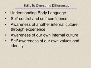 Skills To Overcome Differences
• Understanding Body Language
• Self-control and self-confidence
• Awareness of another internal culture
through experience
• Awareness of our own internal culture
• Self-awareness of our own values and
identity
 