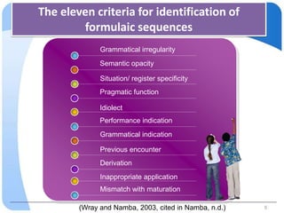 The eleven criteria for identification of
        formulaic sequences
              Grammatical irregularity
              Semantic opacity

              Situation/ register specificity
              Pragmatic function

              Idiolect
              Performance indication
              Grammatical indication

              Previous encounter
              Derivation
              Inappropriate application
              Mismatch with maturation

        (Wray and Namba, 2003, cited in Namba, n.d.)   5
 